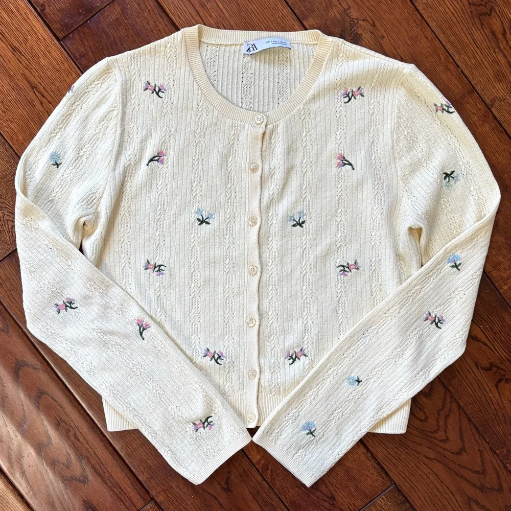 Zara Floral Embroidered Pointelle Knit Cardigan in Butter Yellow - Picture 6 of 10
